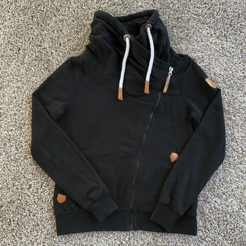 Wanakome Athena Cowl Neck Hoodie Sweatshirt Size Large Black Asymmetrical Zip Up